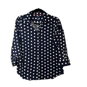 CHAPS Size M No Iron Shirt Navy White Polka Dot Red Trim Button Down Shirt